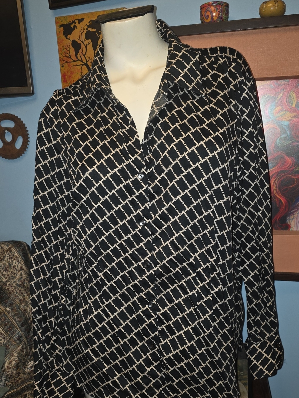 Foxcroft Black Button-Down Shirt with Tan Lattice Print